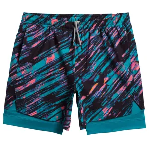 2 in 1 Stretch Long Lined Turquoise Printed Gym Shorts