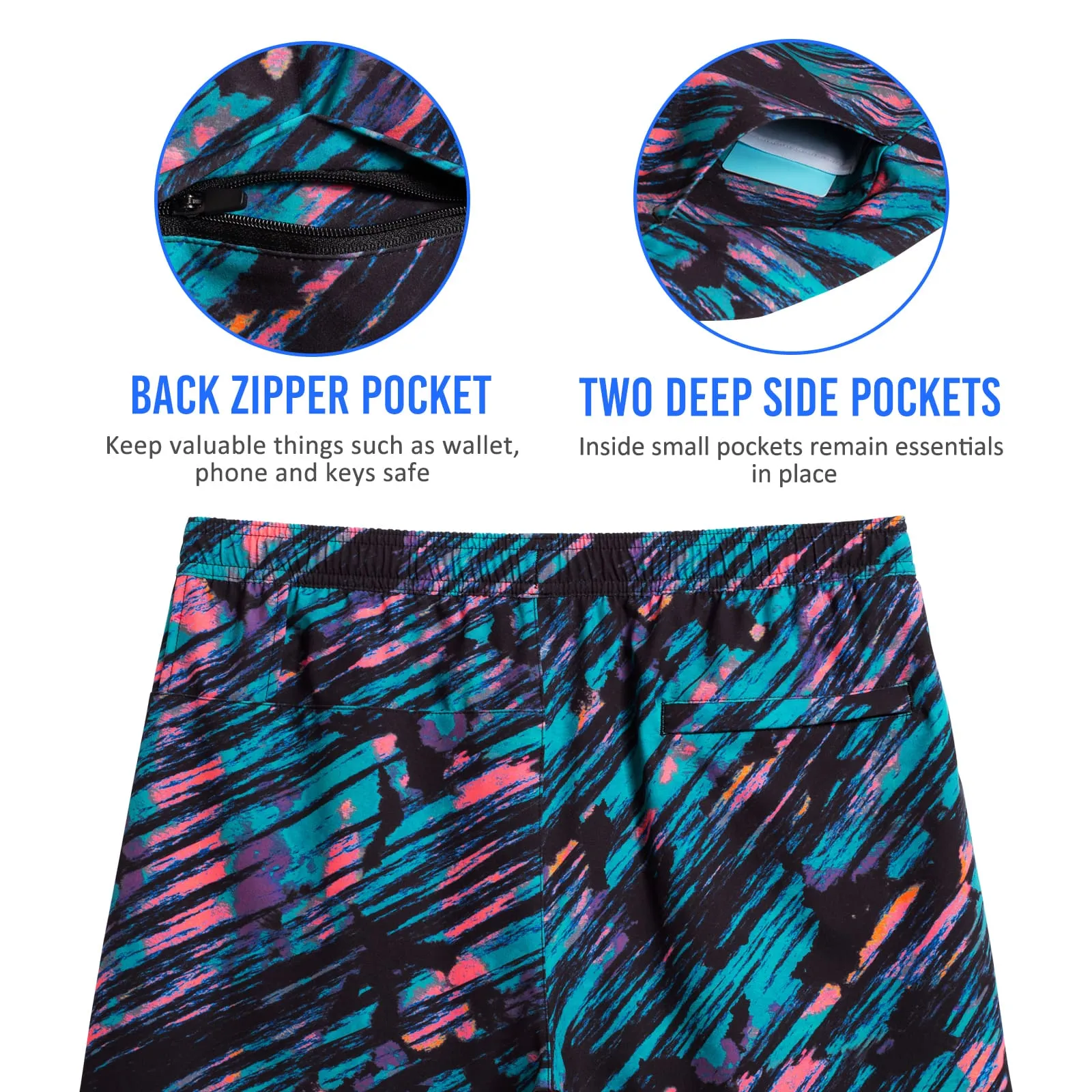 2 in 1 Stretch Long Lined Turquoise Printed Gym Shorts