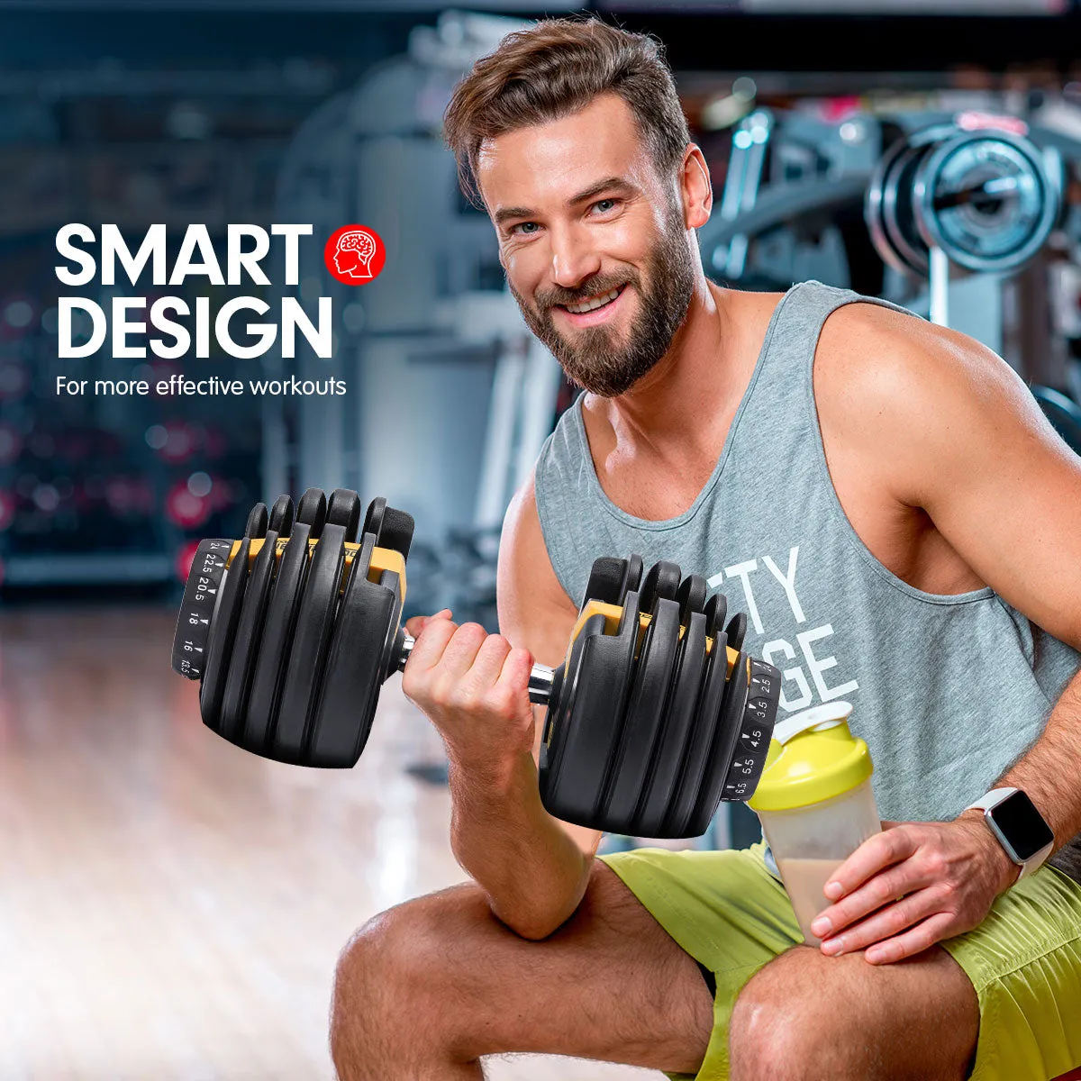 Adjustable Ergonomic 24KG Dumbbell, 15 Weights - Powertrain