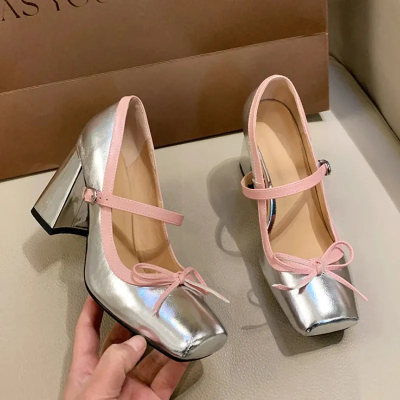 Advbridge  -  Chunky Heel Mary Jane Shoes Bow Fashions Square-toe High Heels Summer 2024 Retro Platform Sandals Silver Heeled Mary Jane Women