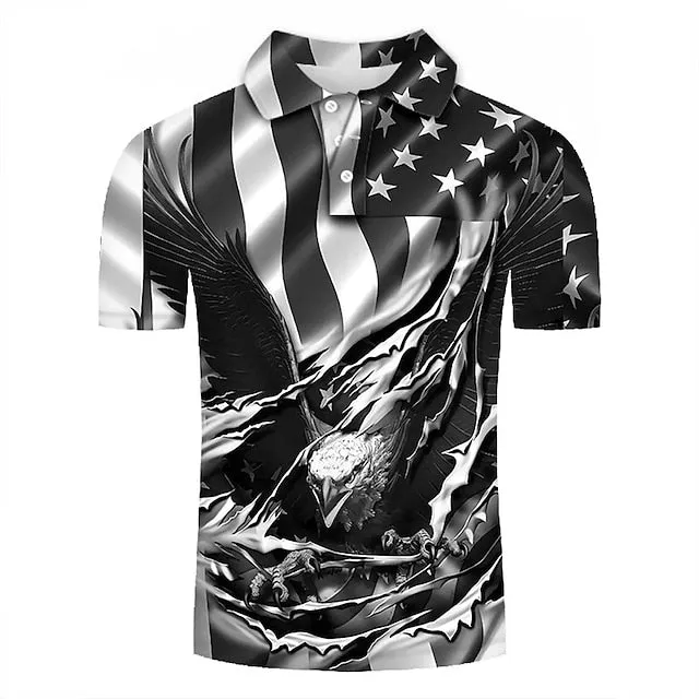 American Eagle Flag Print Polo Shirt for Men - Short Sleeve Button-Down Casual Apparel