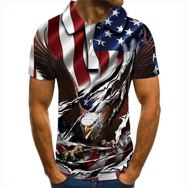 American Eagle Flag Print Polo Shirt for Men - Short Sleeve Button-Down Casual Apparel