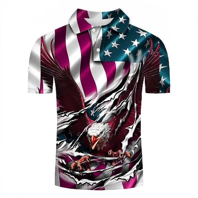 American Eagle Flag Print Polo Shirt for Men - Short Sleeve Button-Down Casual Apparel