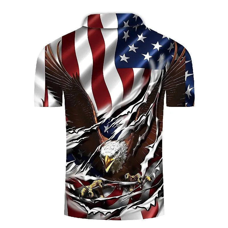 American Eagle Flag Print Polo Shirt for Men - Short Sleeve Button-Down Casual Apparel