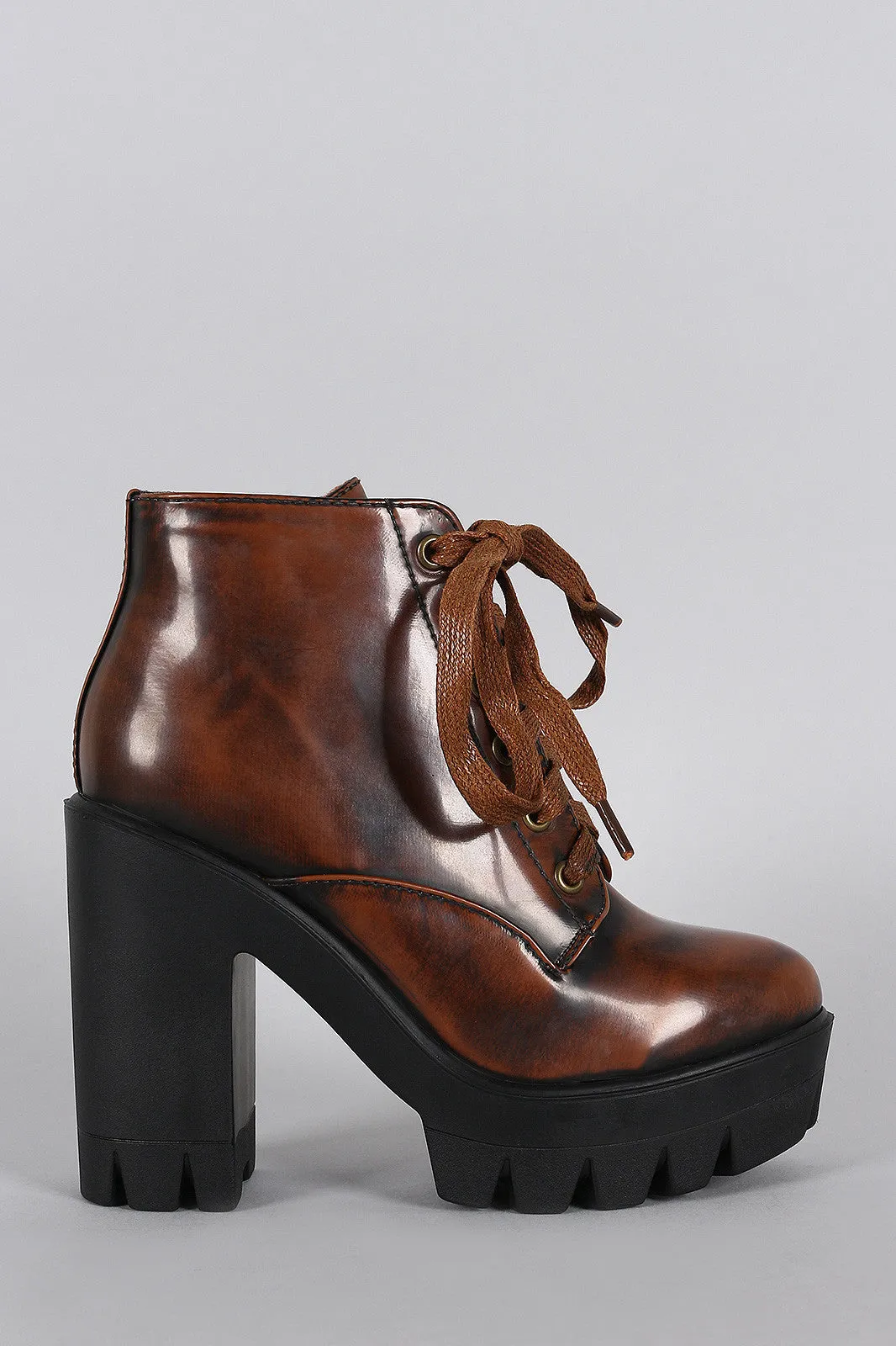 Bamboo Rustic Lace Up Lug Sole Bootie