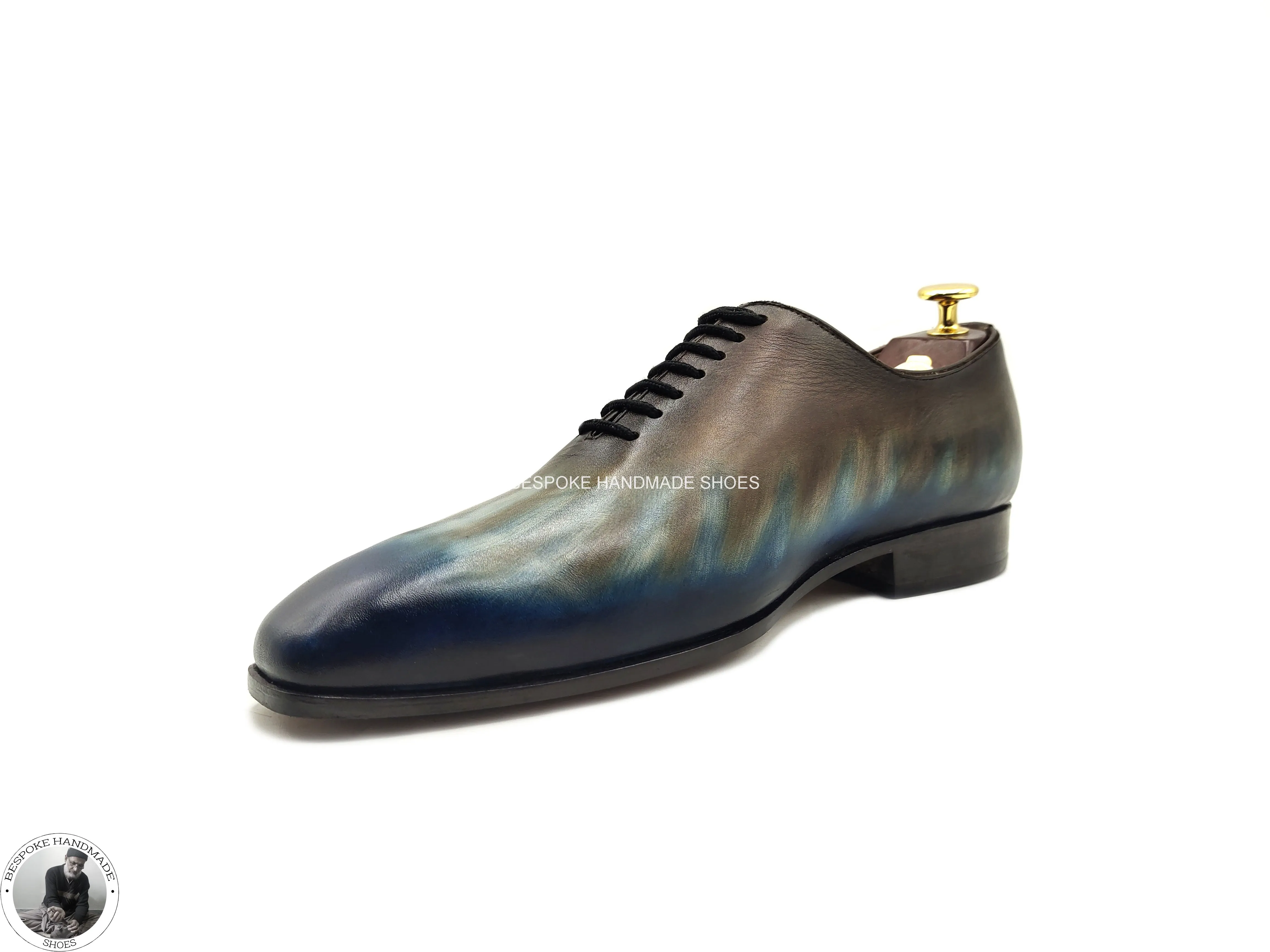 Bespoke Handmade Men Two Tone Calf Leather Patina art Hand Painted Wholecut Oxford Lace up Formal Shoe