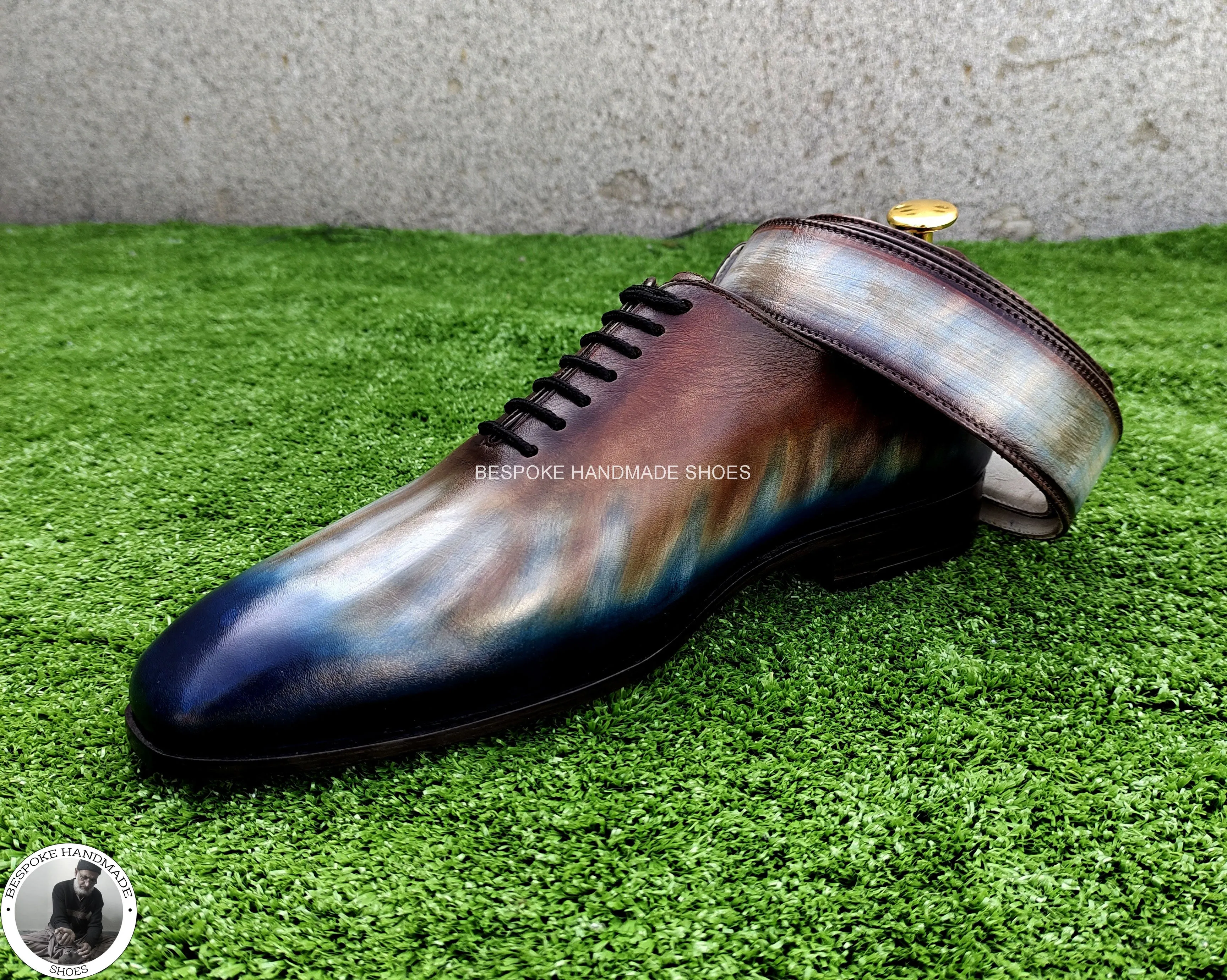 Bespoke Handmade Men Two Tone Calf Leather Patina art Hand Painted Wholecut Oxford Lace up Formal Shoe