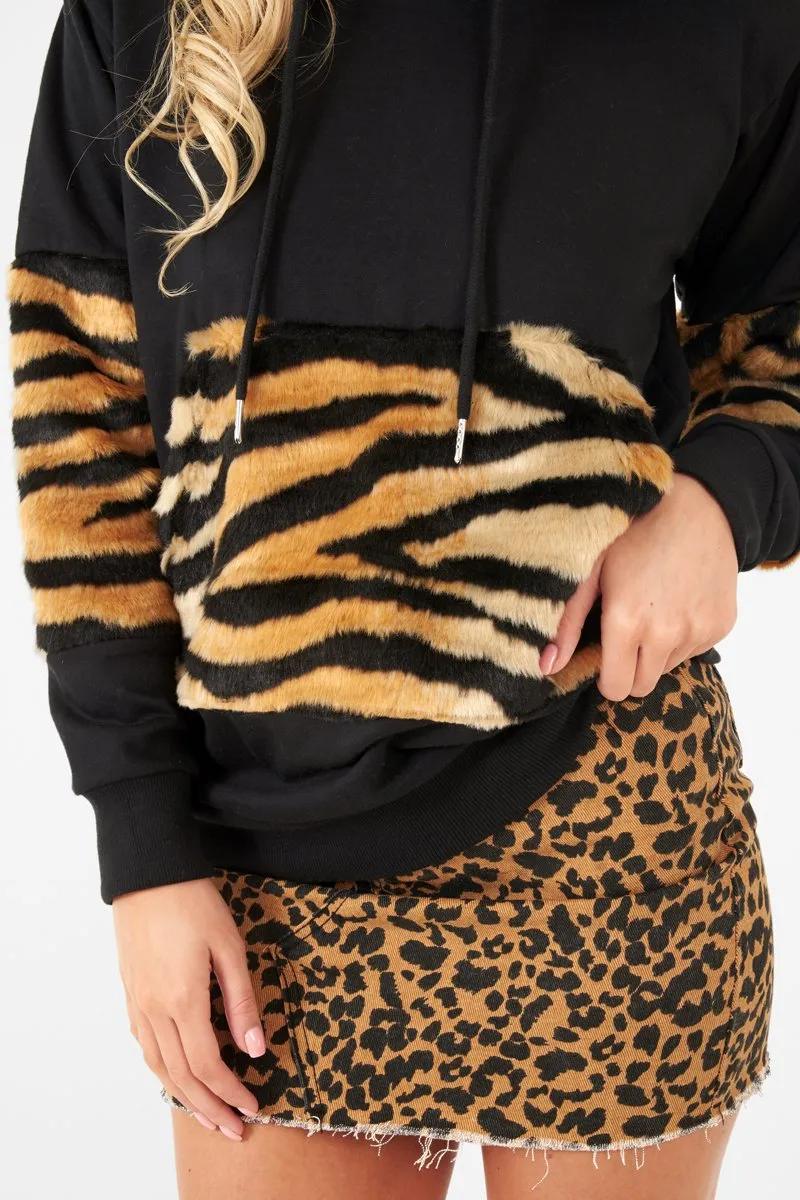 Black Faux Tiger Fur Detail Hoodie - Braelyn