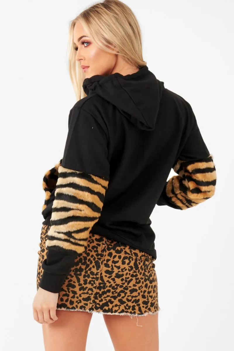 Black Faux Tiger Fur Detail Hoodie - Braelyn