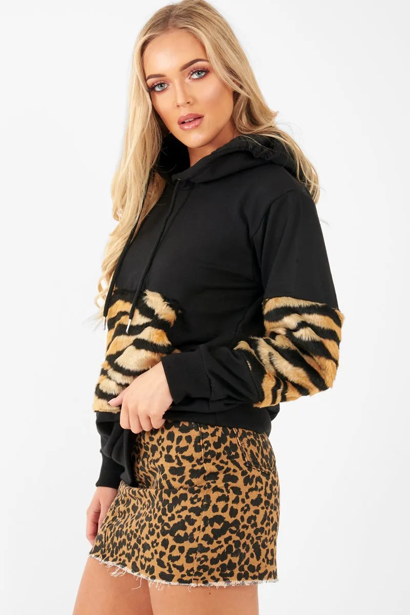 Black Faux Tiger Fur Detail Hoodie - Braelyn