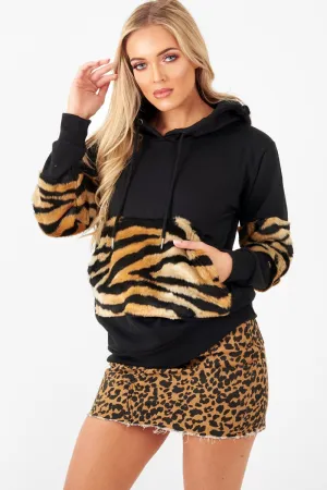 Black Faux Tiger Fur Detail Hoodie - Braelyn