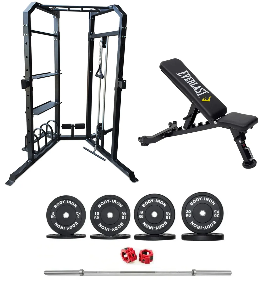 Body Iron Power Cage System MC350 Elite Set   120kg Olympic Barbell & Bumper Plate Set