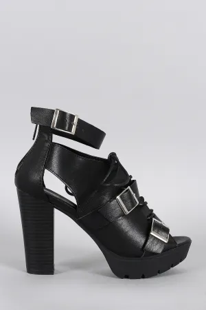 Breckelle Buckle Ankle Strap Cutout Peep Toe Heeled Bootie