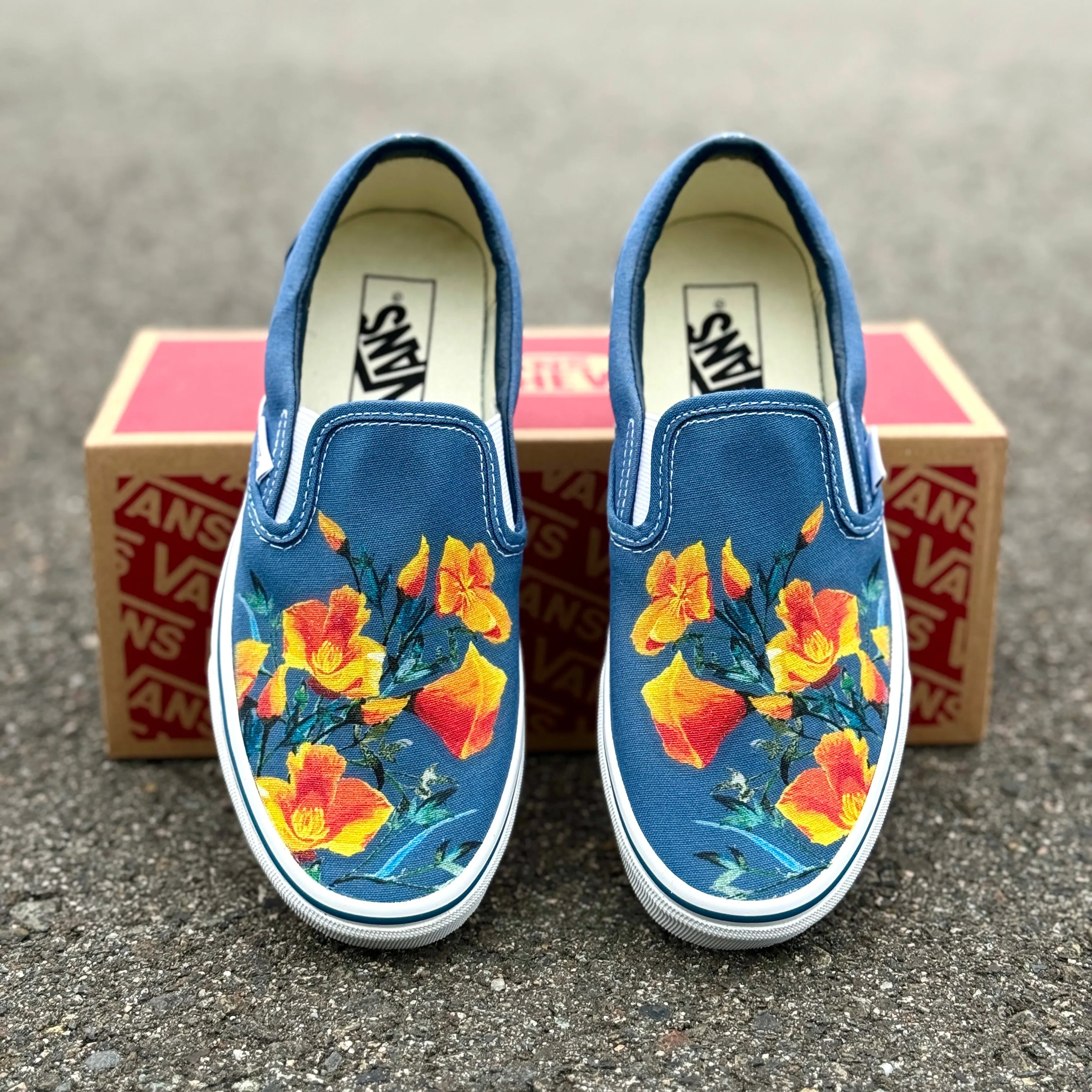 California Poppy Flowers on Navy Slip On Vans Shoes