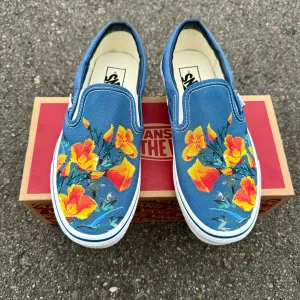 California Poppy Flowers on Navy Slip On Vans Shoes