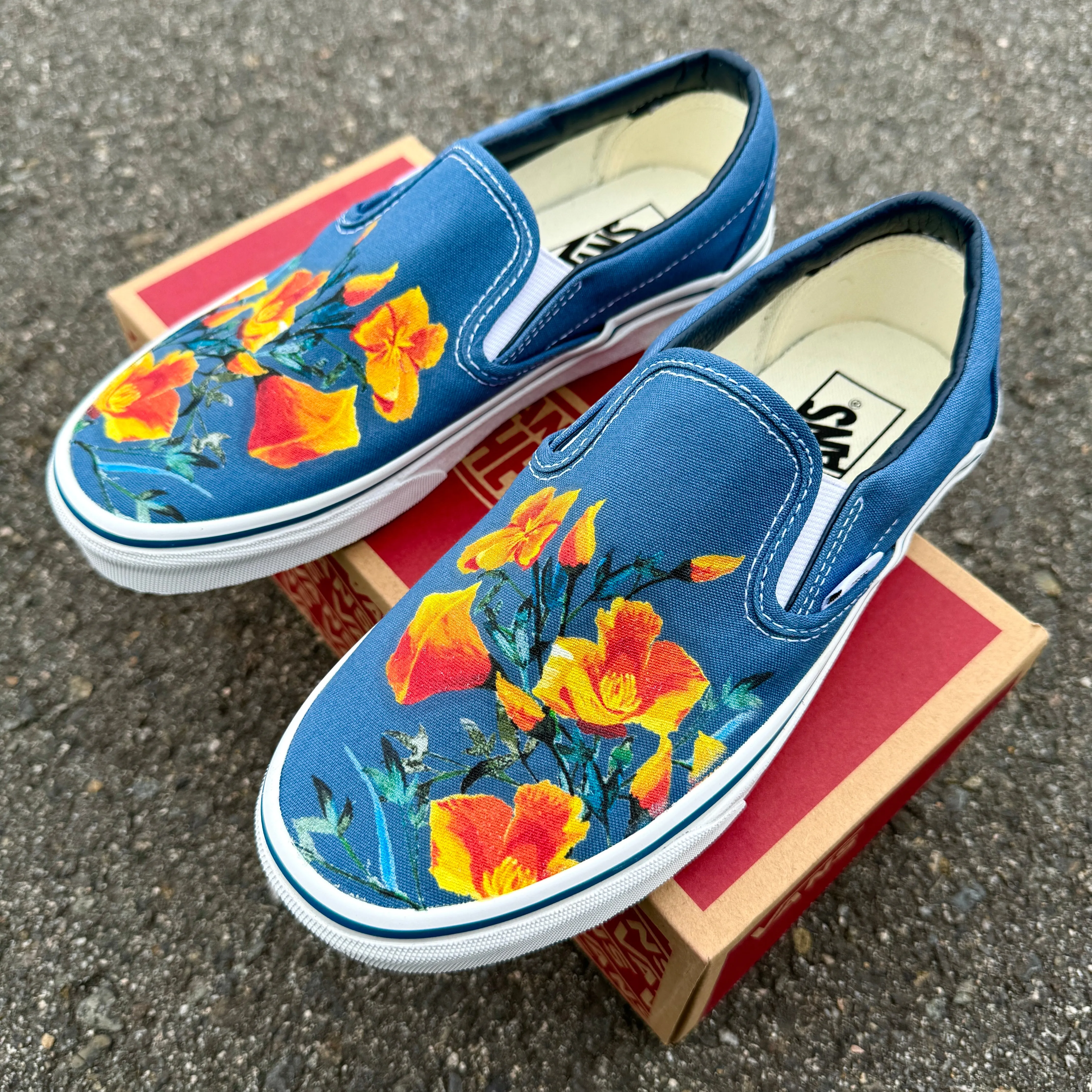 California Poppy Flowers on Navy Slip On Vans Shoes