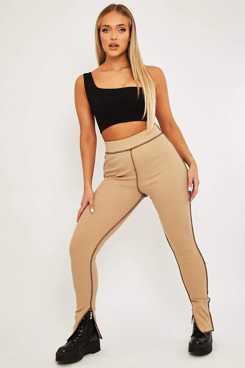 Camel Contrast Stitch Split Hem Leggings - Ria