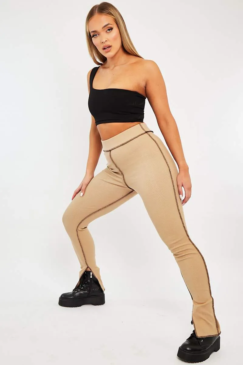 Camel Contrast Stitch Split Hem Leggings - Ria