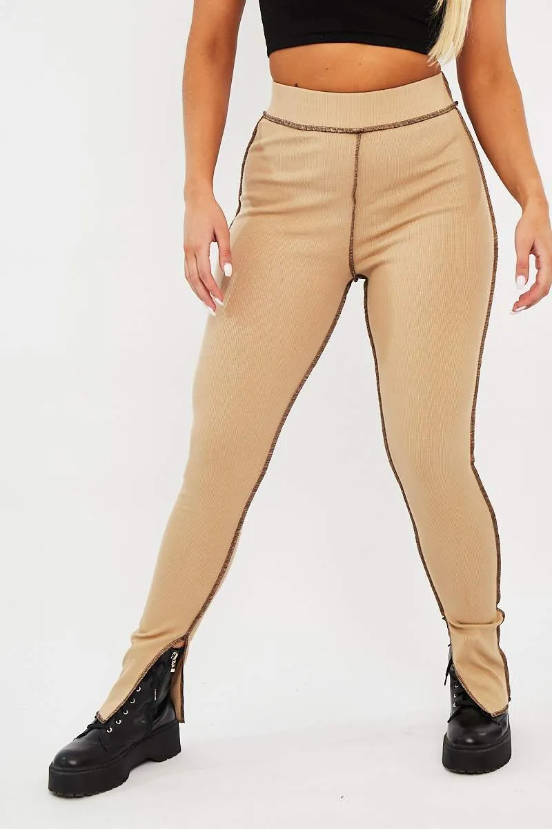 Camel Contrast Stitch Split Hem Leggings - Ria