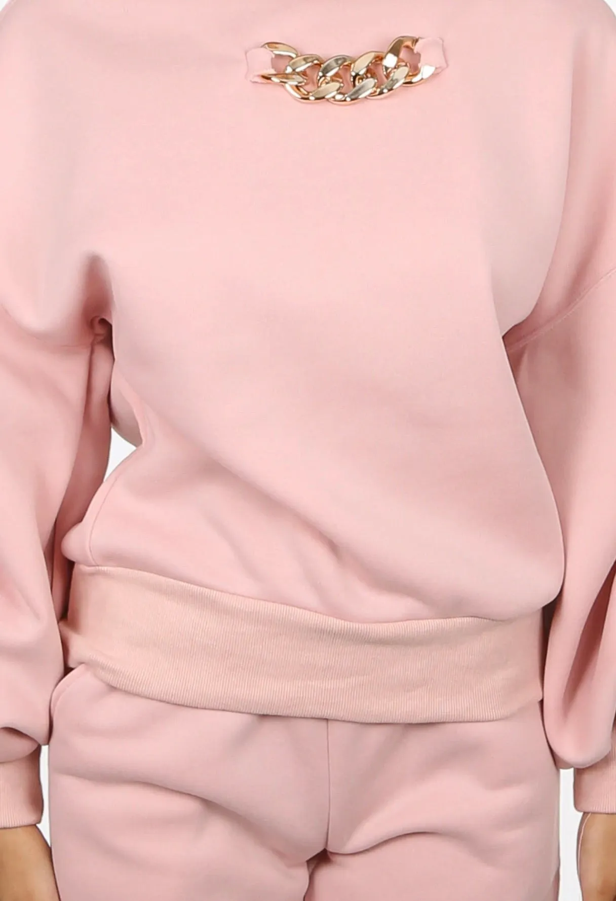 Chain detail ruched sweatshirt  and joggers set - rose pink