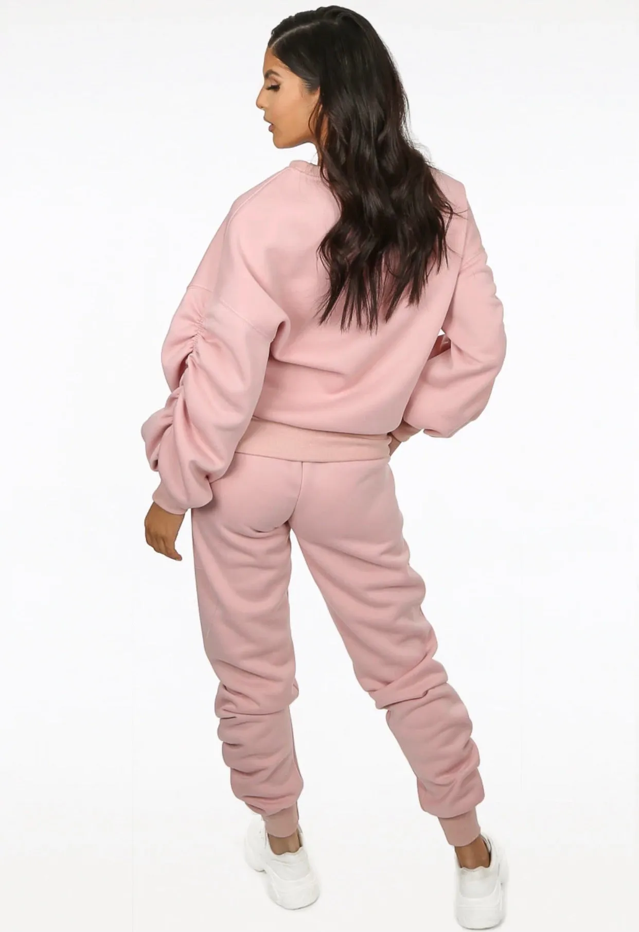 Chain detail ruched sweatshirt  and joggers set - rose pink