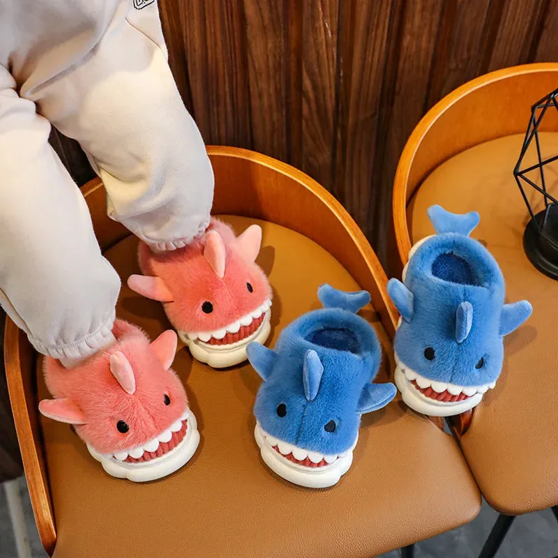 Children's Cotton Slippers Autumn And Winter Waterproof Home Indoor Anti Slip Boy Cute Shark Pattern Baby Cotton Slippers