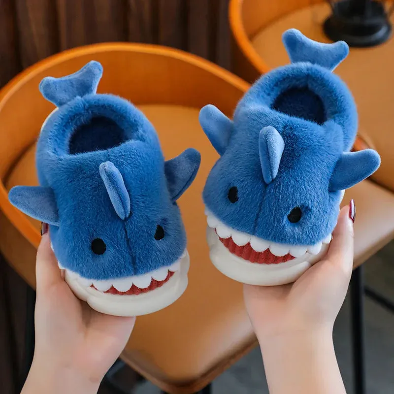 Children's Cotton Slippers Autumn And Winter Waterproof Home Indoor Anti Slip Boy Cute Shark Pattern Baby Cotton Slippers