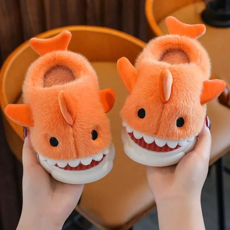 Children's Cotton Slippers Autumn And Winter Waterproof Home Indoor Anti Slip Boy Cute Shark Pattern Baby Cotton Slippers