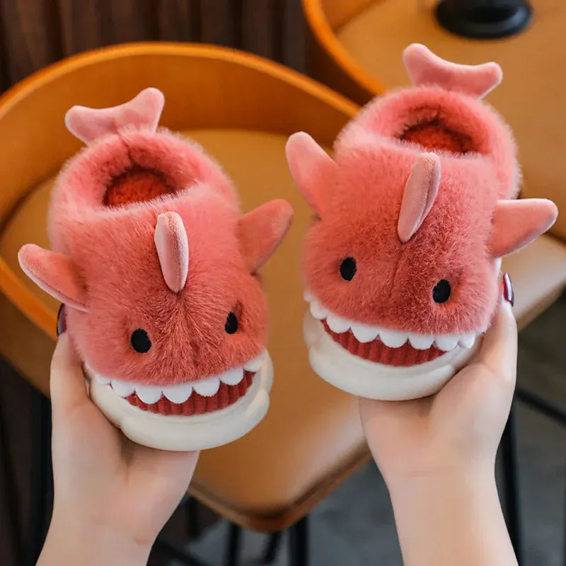 Children's Cotton Slippers Autumn And Winter Waterproof Home Indoor Anti Slip Boy Cute Shark Pattern Baby Cotton Slippers