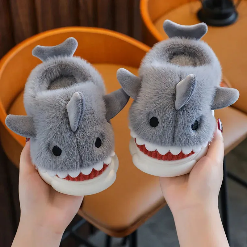 Children's Cotton Slippers Autumn And Winter Waterproof Home Indoor Anti Slip Boy Cute Shark Pattern Baby Cotton Slippers