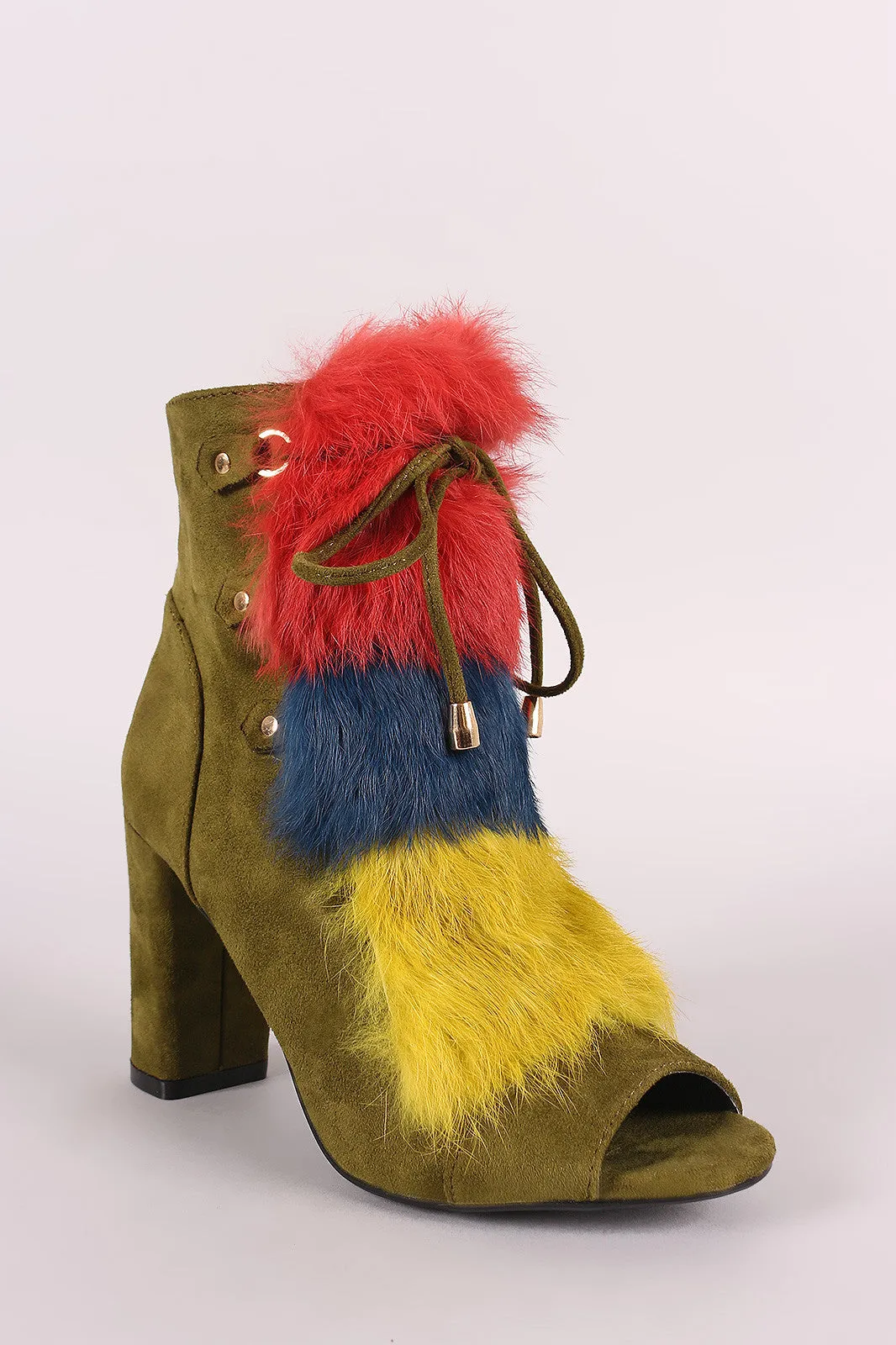 Faux Fur Front Peep Toe Ankle Boots