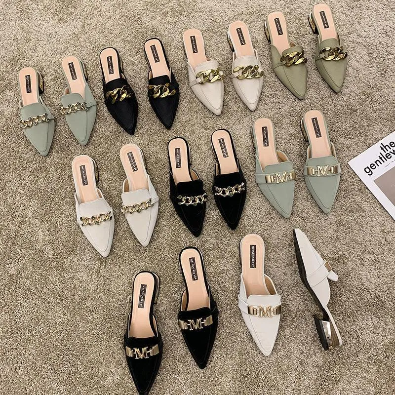 Finn Chain Pointed Toe Mule Shoes Toe Cap Slipper Women's Chunky Heel Slippers Mules Shoes Half Slippers