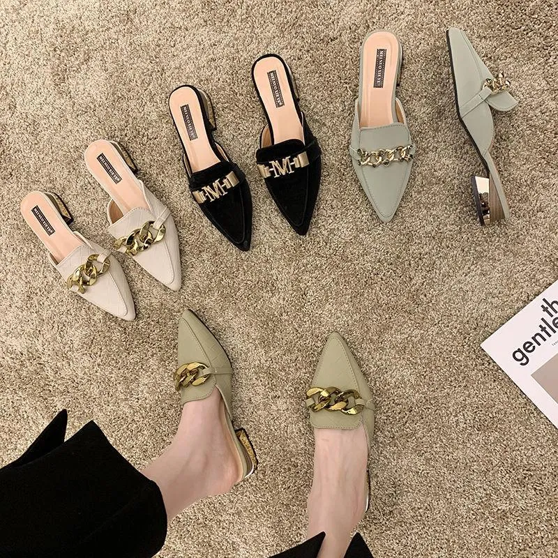 Finn Chain Pointed Toe Mule Shoes Toe Cap Slipper Women's Chunky Heel Slippers Mules Shoes Half Slippers