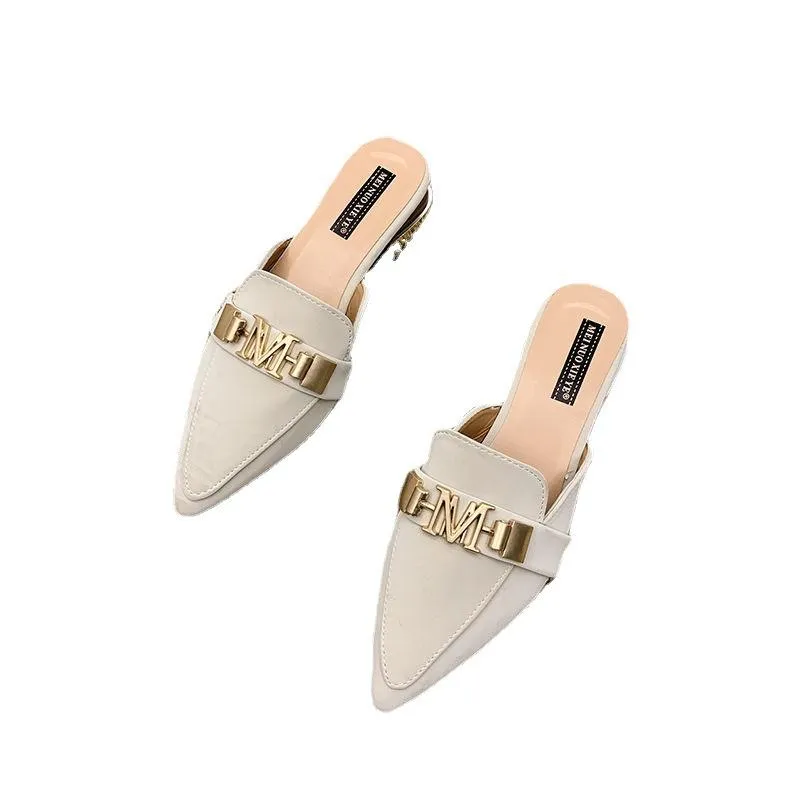 Finn Chain Pointed Toe Mule Shoes Toe Cap Slipper Women's Chunky Heel Slippers Mules Shoes Half Slippers