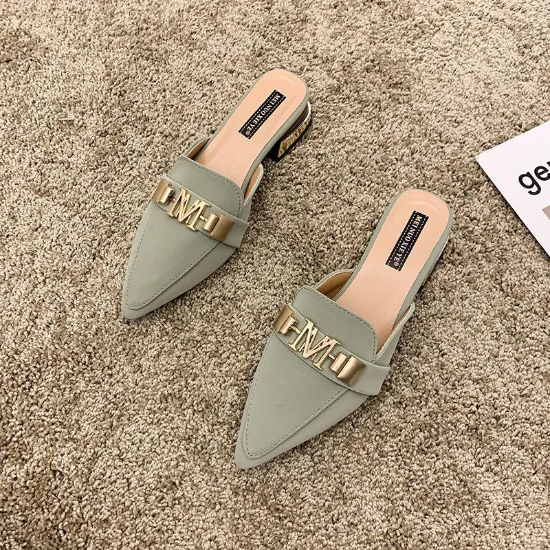 Finn Chain Pointed Toe Mule Shoes Toe Cap Slipper Women's Chunky Heel Slippers Mules Shoes Half Slippers