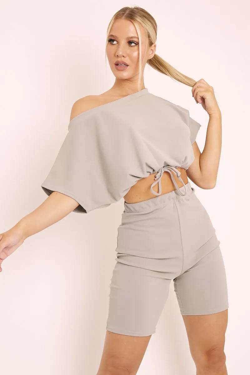 Grey Drawstring Top Cycling Short Loungewear Co-ord - Krissa