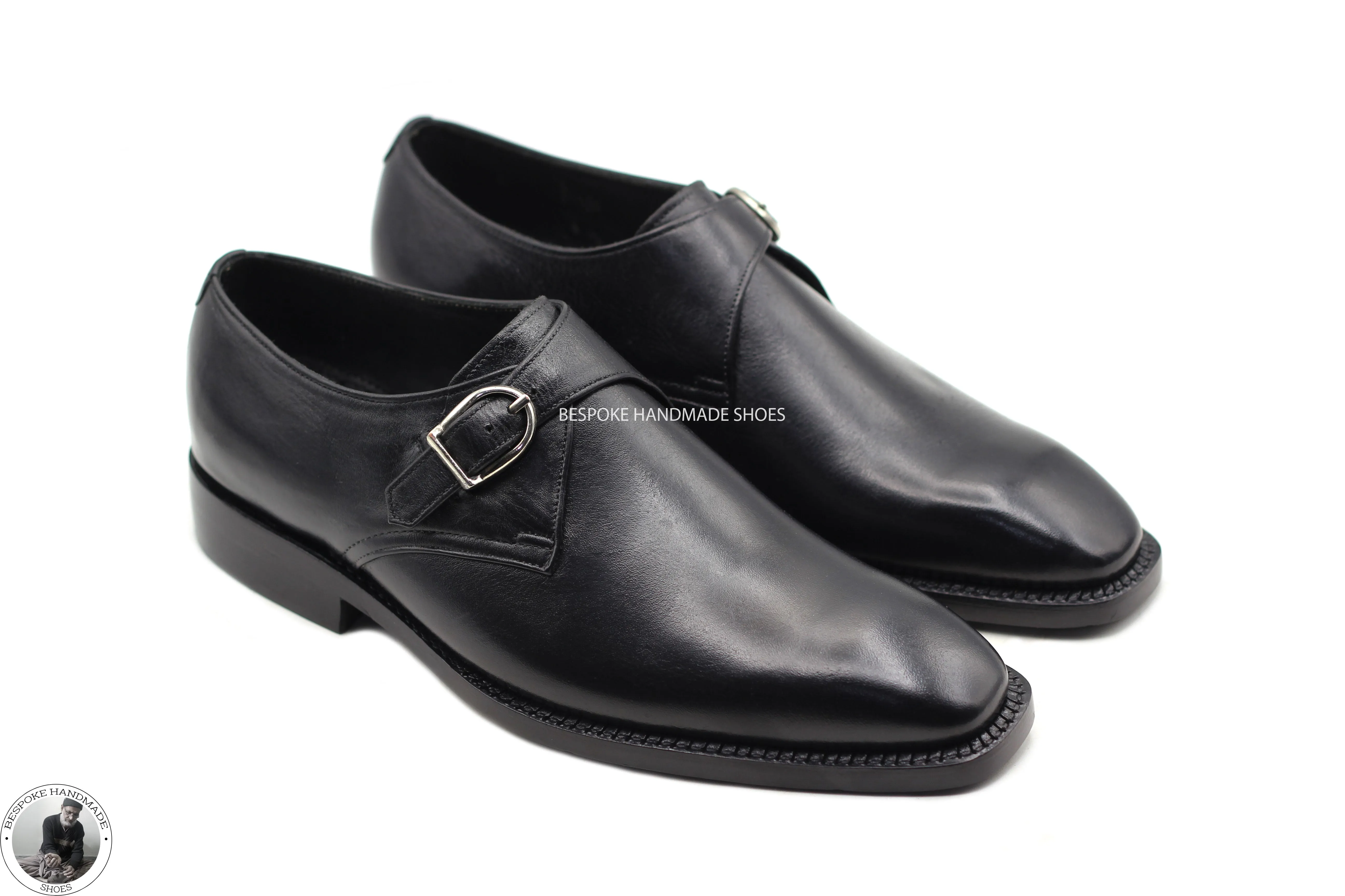 Handmade Business Shoe, Black Calf Leather Whole Cut Single Monk Strap Men Shoes