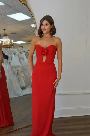 Mermaid Strapless Flower Satin Red Long Prom Dress PSK588