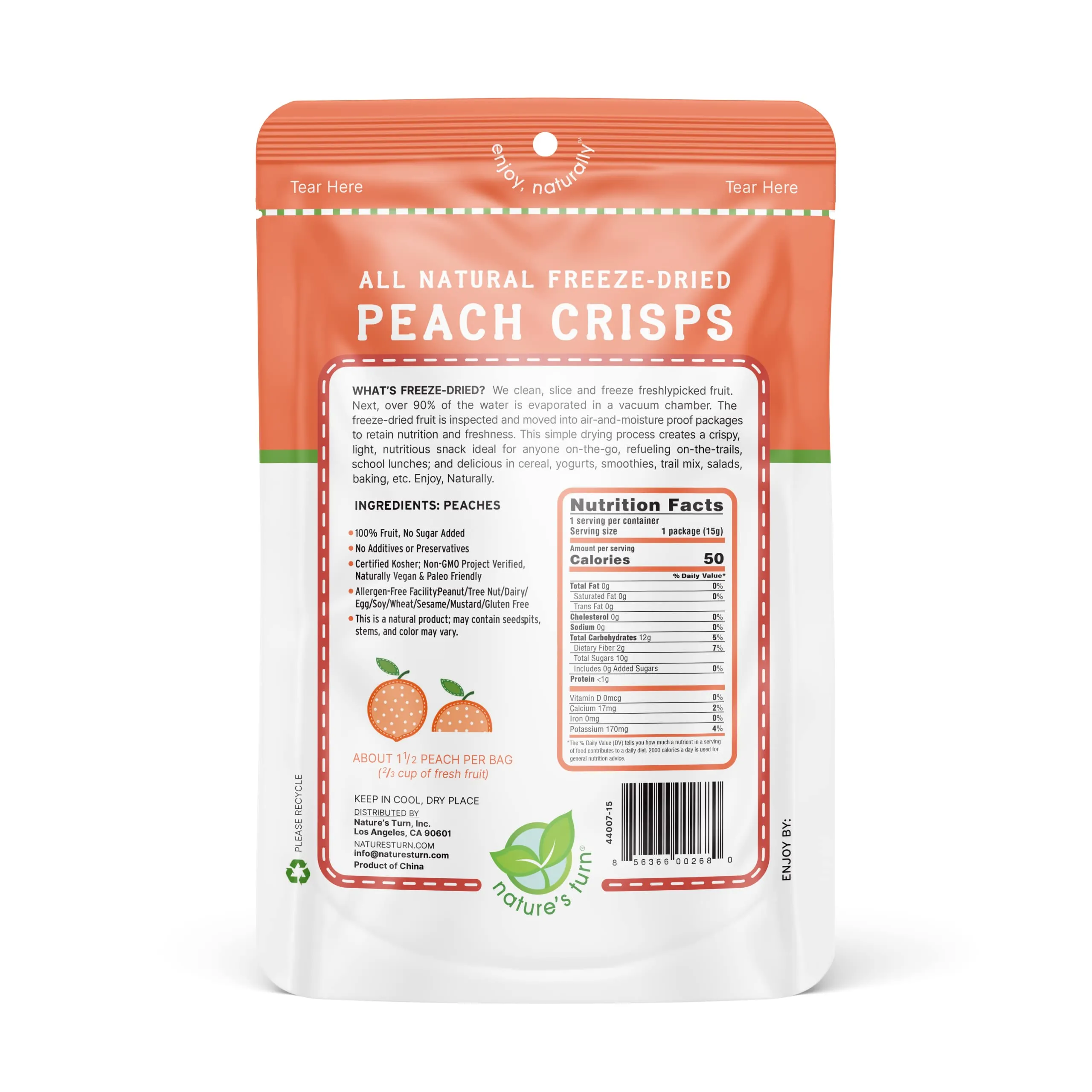 Nature’s Turn Freeze-Dried Fruit Snacks, Peach Crisps - Pack of 6 (0.53 oz Each)