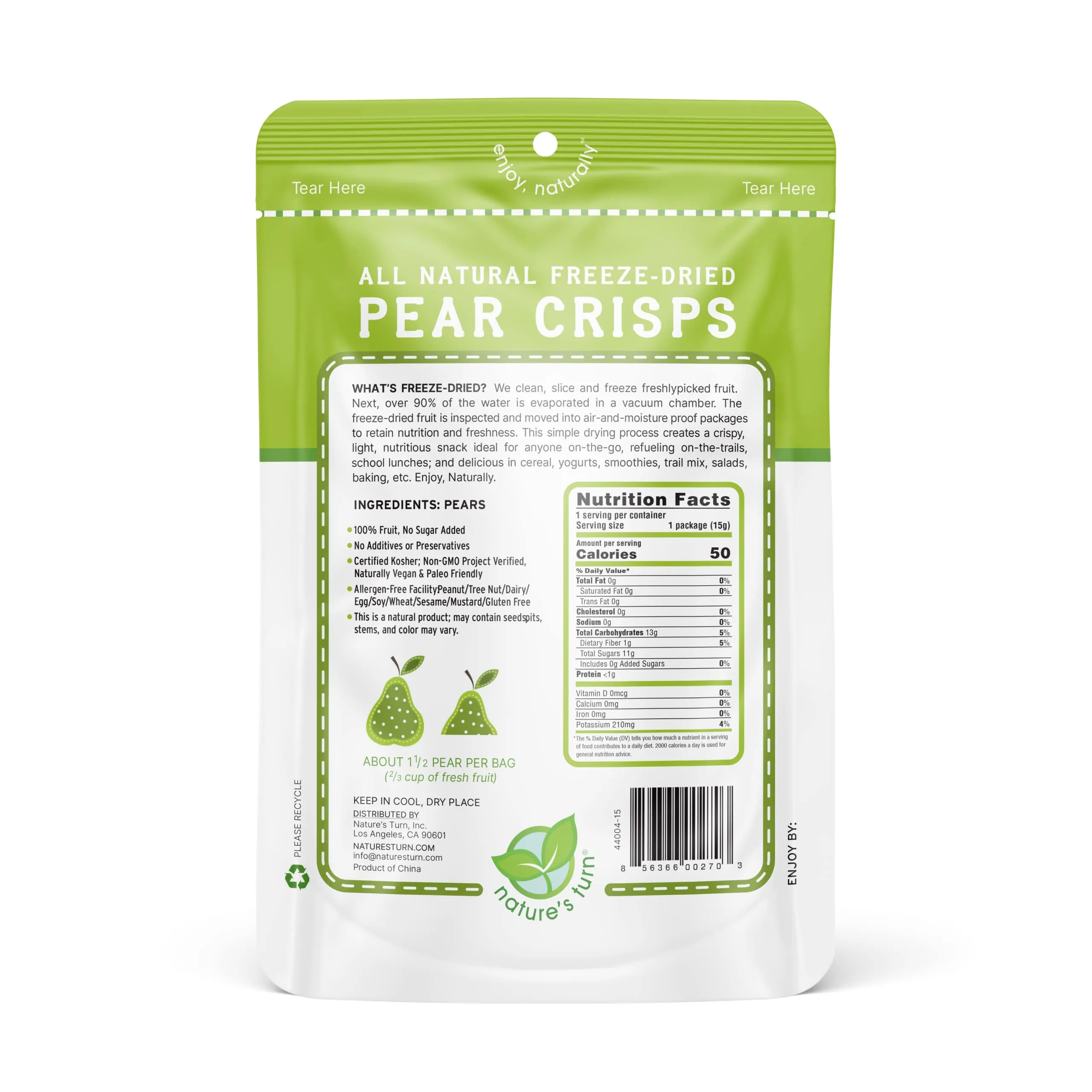 Nature’s Turn Freeze-Dried Fruit Snacks, Pear Crisps - Pack of 6 (0.53 oz Each)