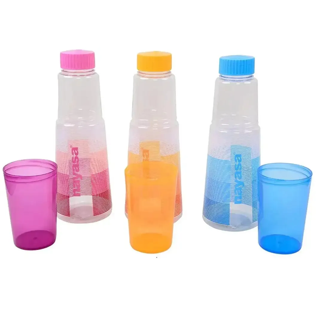 NAYASA Plastic Fridge Water Bottle with glass set of 6ps