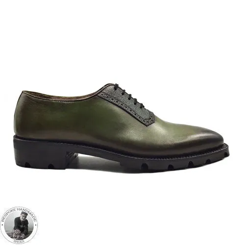 New Handcrafted Genuine Olive Green Bit Black Shaded Leather Toe Cap Lace Up Oxford Dress, Formal Shoes