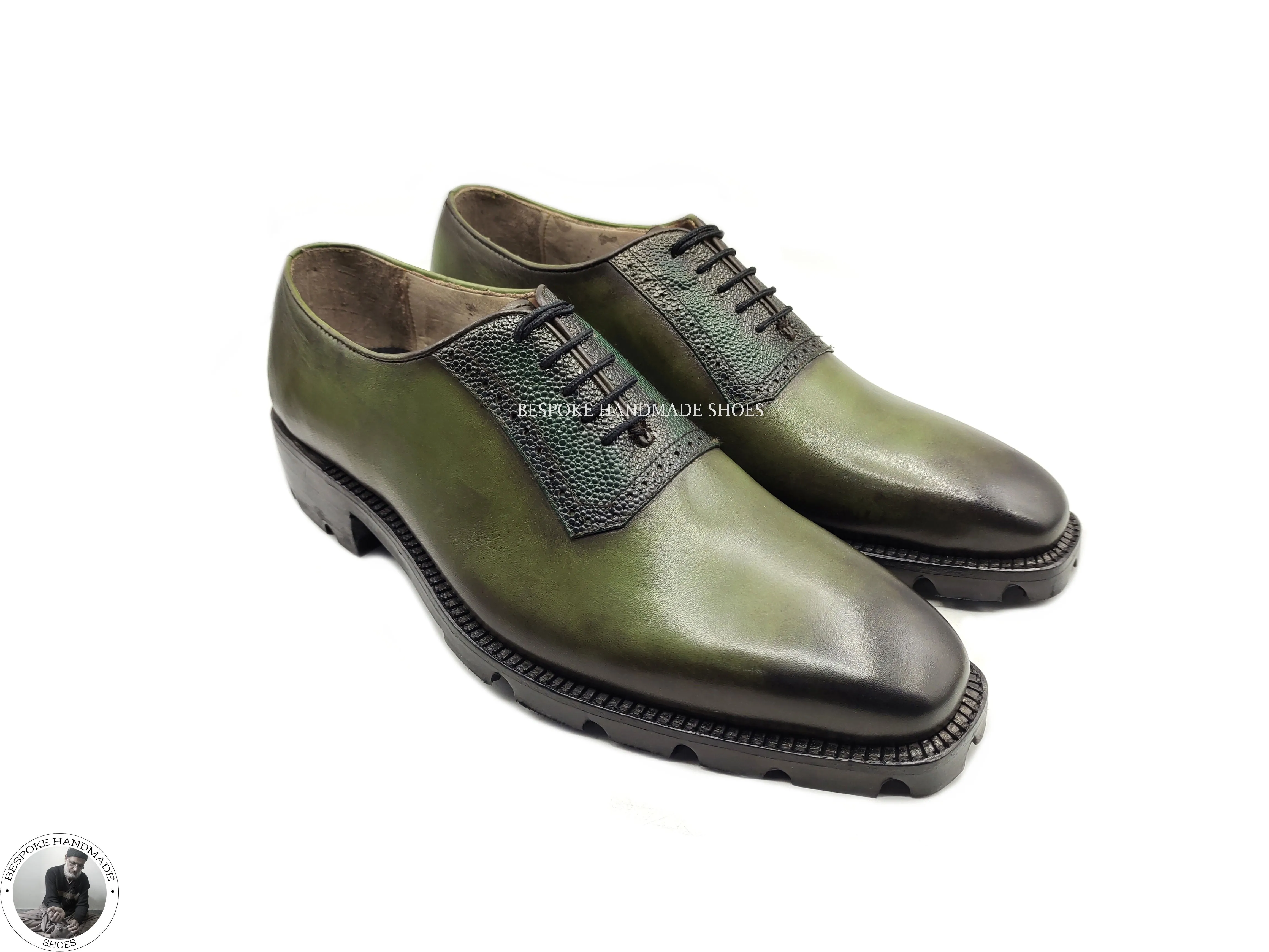 New Handcrafted Genuine Olive Green Bit Black Shaded Leather Toe Cap Lace Up Oxford Dress, Formal Shoes