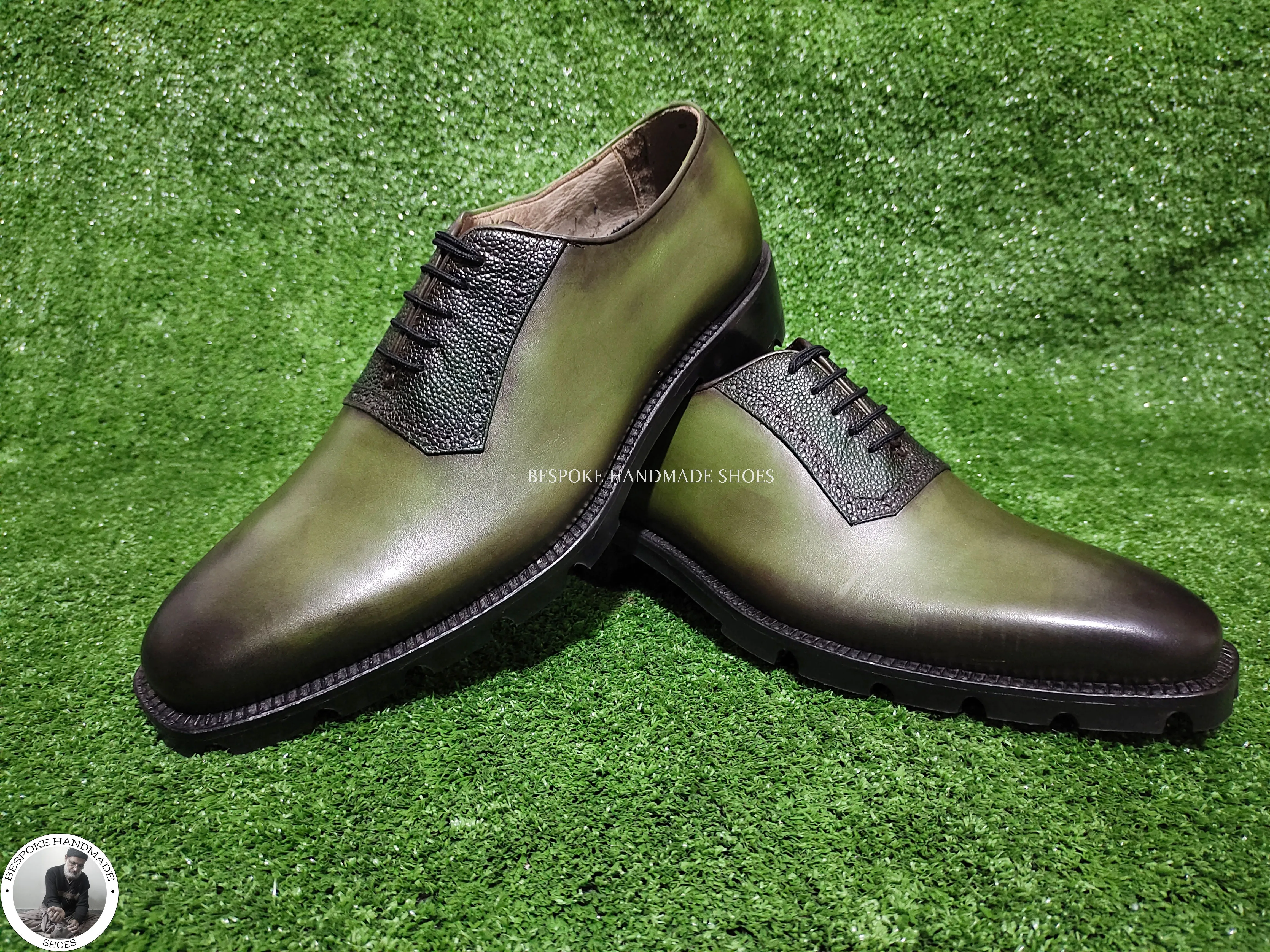 New Handcrafted Genuine Olive Green Bit Black Shaded Leather Toe Cap Lace Up Oxford Dress, Formal Shoes