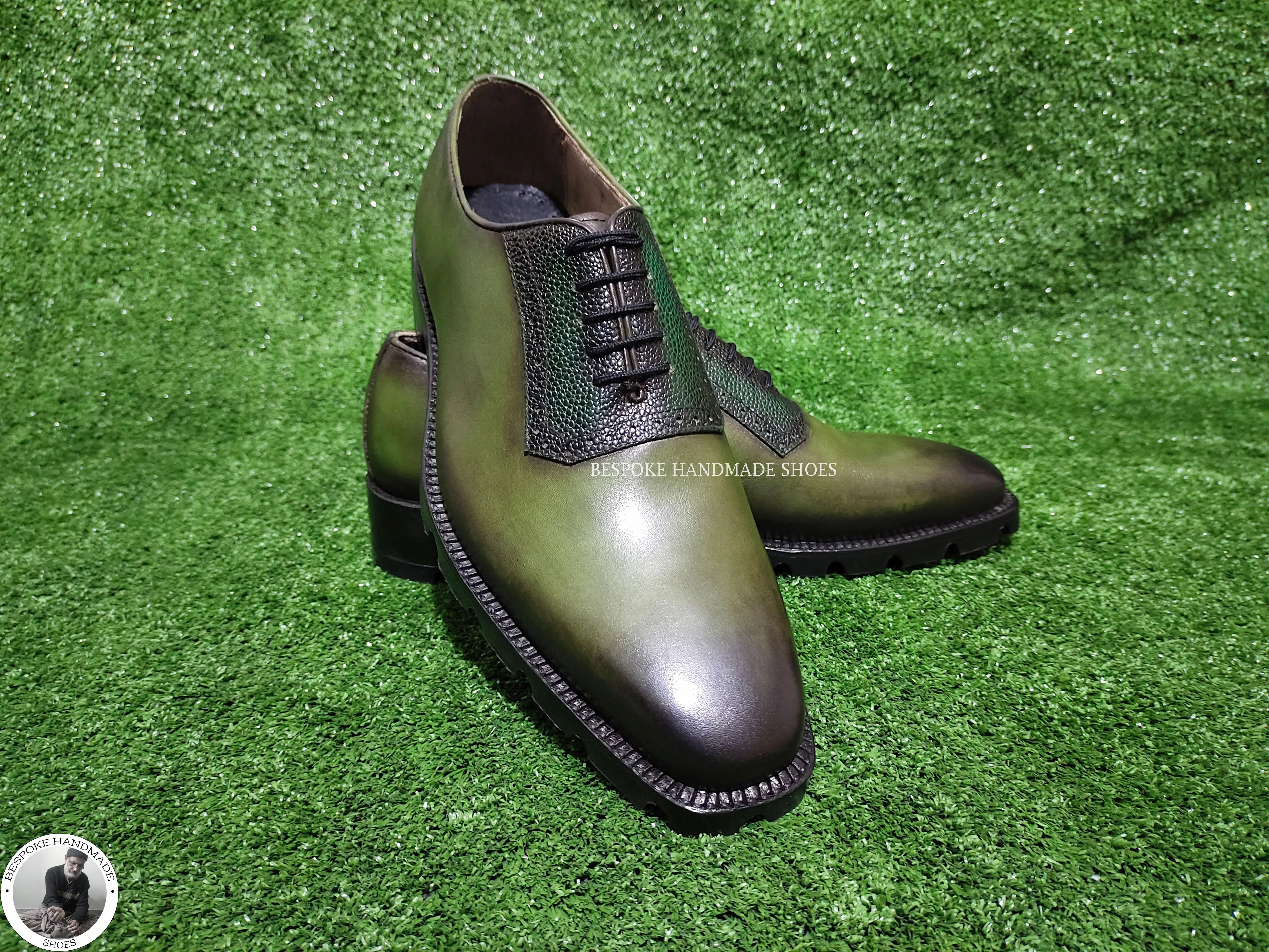 New Handcrafted Genuine Olive Green Bit Black Shaded Leather Toe Cap Lace Up Oxford Dress, Formal Shoes