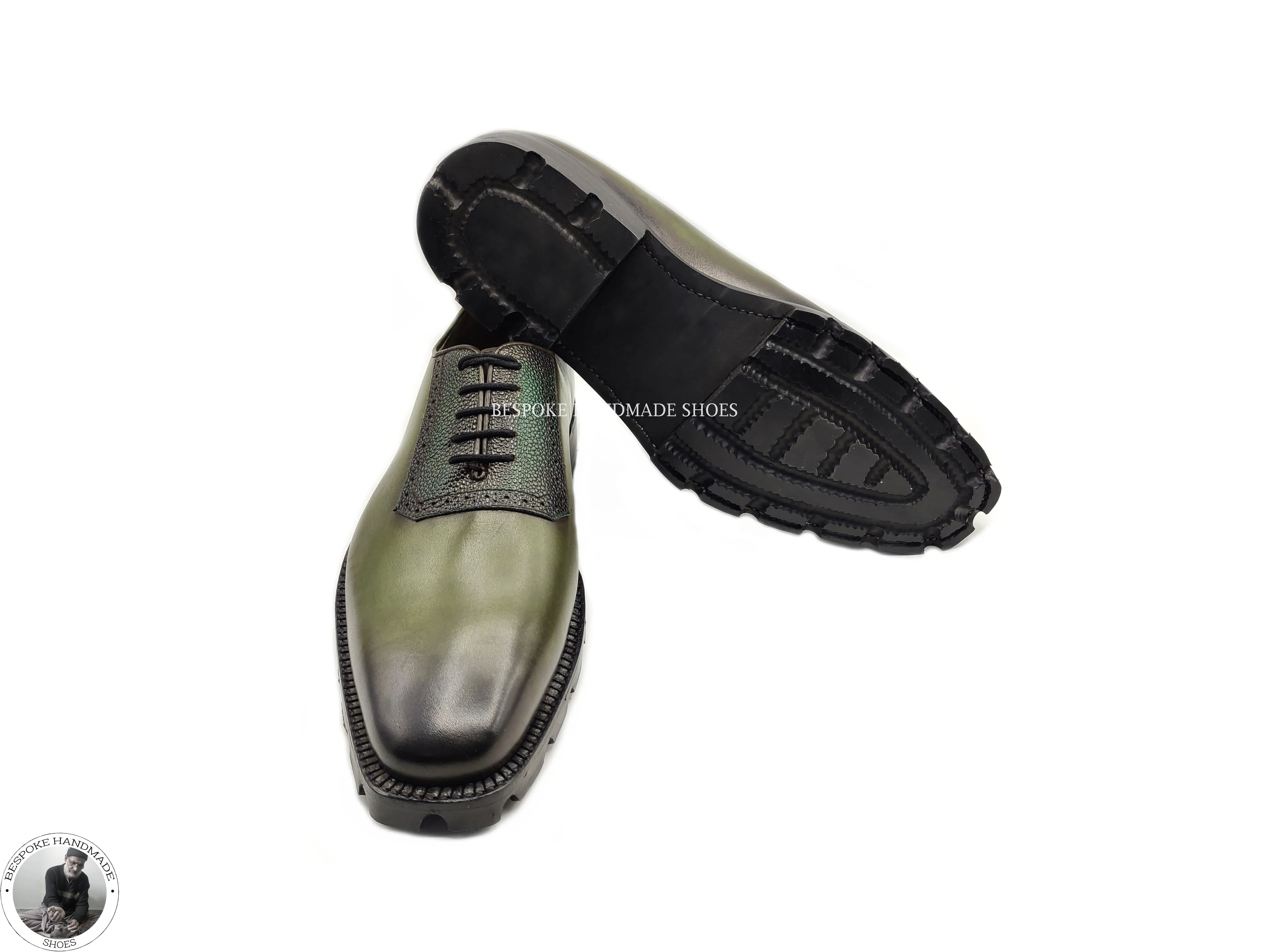 New Handcrafted Genuine Olive Green Bit Black Shaded Leather Toe Cap Lace Up Oxford Dress, Formal Shoes