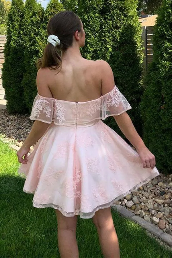 Off the Shoulder Short Pink Lace Prom Dresses Homecoming Dresses PD452