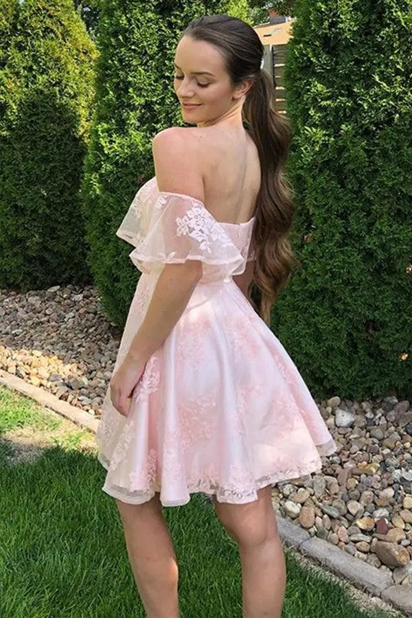 Off the Shoulder Short Pink Lace Prom Dresses Homecoming Dresses PD452