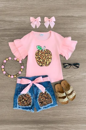 Pink Cheetah Apple Denim Short Set