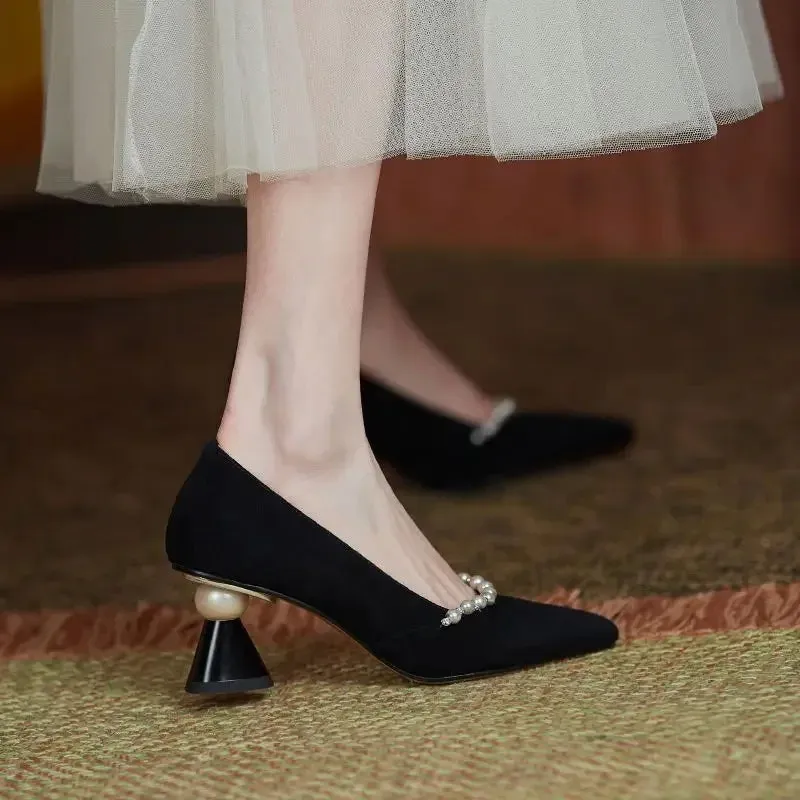 Pointed Toe on Heeled Wedding Bride Shoe Pearl Women's Shoes Chunky Heels Ladies Footwear Black High Stylish A Wholesale Casual